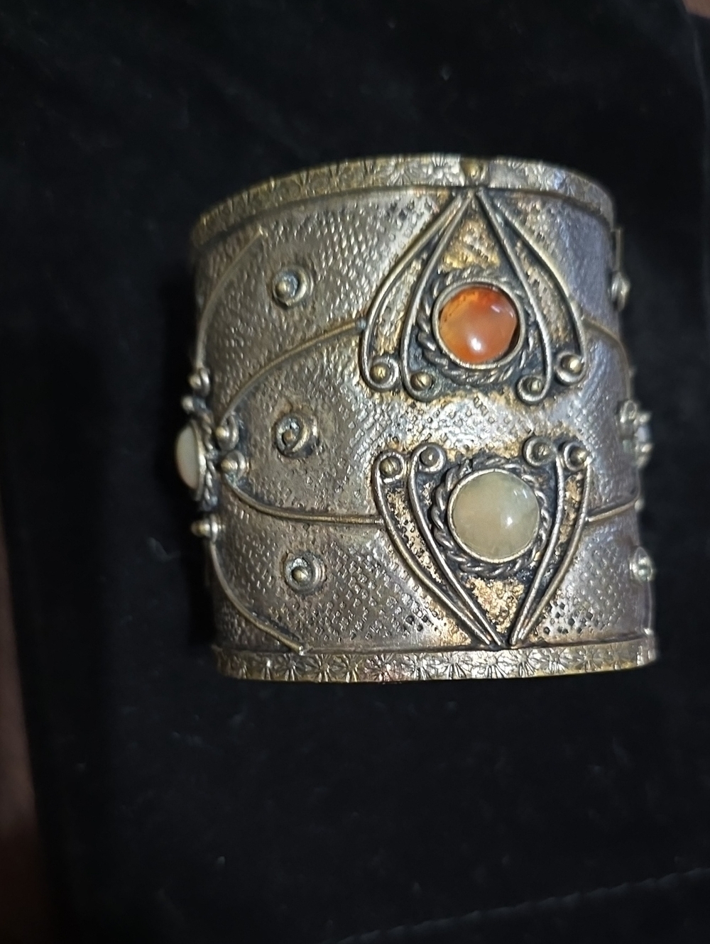 Vintage Silver Cuff Bracelet with Orange and Cream Stones